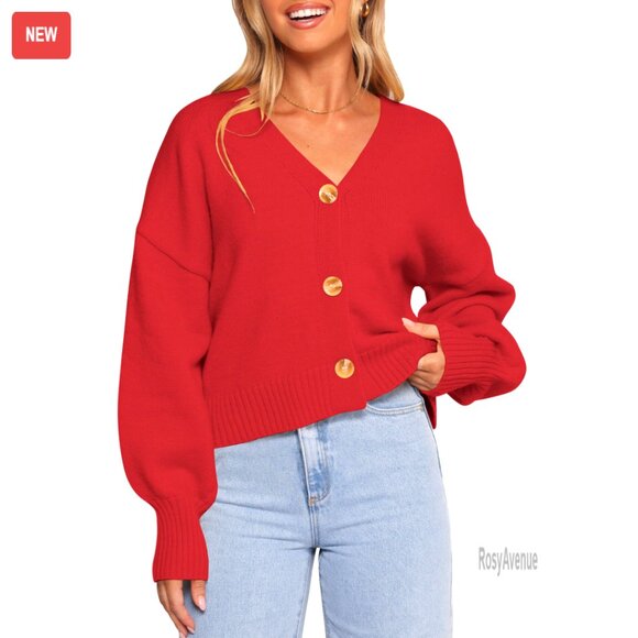 V-Neck Cropped Cardigan Puff Sleeve Button Up Lightweight Relaxed Fit Sweater